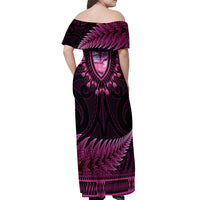 Pink African Dashiki With Aotearoa Maori Off Shoulder Maxi Dress Paua Shell Mix Silver Fern LT14 - Polynesian Pride