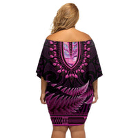 Pink African Dashiki With Aotearoa Maori Off Shoulder Short Dress Paua Shell Mix Silver Fern LT14 - Polynesian Pride