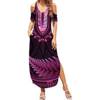 Pink African Dashiki With Aotearoa Maori Summer Maxi Dress Paua Shell Mix Silver Fern LT14 Women Pink - Polynesian Pride