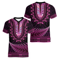 Pink African Dashiki With Aotearoa Maori Women V-Neck T-Shirt Paua Shell Mix Silver Fern