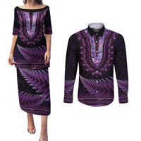 Purple African Dashiki With Aotearoa Maori Couples Matching Puletasi and Long Sleeve Button Shirt Paua Shell Mix Silver Fern LT14 Purple - Polynesian Pride