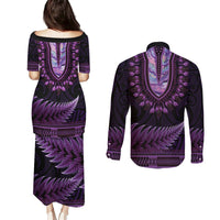 Purple African Dashiki With Aotearoa Maori Couples Matching Puletasi and Long Sleeve Button Shirt Paua Shell Mix Silver Fern LT14 - Polynesian Pride
