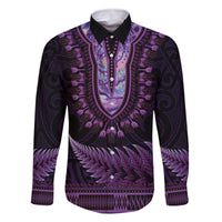 Purple African Dashiki With Aotearoa Maori Family Matching Off The Shoulder Long Sleeve Dress and Hawaiian Shirt Paua Shell Mix Silver Fern