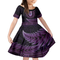 Purple African Dashiki With Aotearoa Maori Family Matching Off Shoulder Short Dress and Hawaiian Shirt Paua Shell Mix Silver Fern LT14 Daughter's Dress Purple - Polynesian Pride