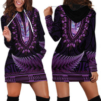 Purple African Dashiki With Aotearoa Maori Hoodie Dress Paua Shell Mix Silver Fern LT14 - Polynesian Pride