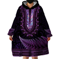 Purple African Dashiki With Aotearoa Maori Wearable Blanket Hoodie Paua Shell Mix Silver Fern LT14 - Polynesian Pride