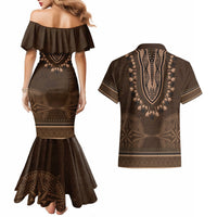 Brown African Dashiki With Tonga Ngatu Pattern Couples Matching Mermaid Dress and Hawaiian Shirt LT14 - Polynesian Pride