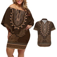 Brown African Dashiki With Tonga Ngatu Pattern Couples Matching Off Shoulder Short Dress and Hawaiian Shirt LT14 Brown - Polynesian Pride