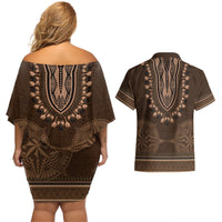 Brown African Dashiki With Tonga Ngatu Pattern Couples Matching Off Shoulder Short Dress and Hawaiian Shirt LT14 - Polynesian Pride