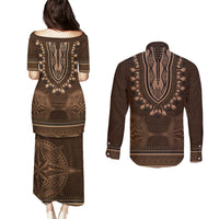 Brown African Dashiki With Tonga Ngatu Pattern Couples Matching Puletasi and Long Sleeve Button Shirt LT14 - Polynesian Pride