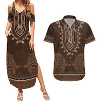 Brown African Dashiki With Tonga Ngatu Pattern Couples Matching Summer Maxi Dress and Hawaiian Shirt LT14 Brown - Polynesian Pride