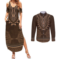 Brown African Dashiki With Tonga Ngatu Pattern Couples Matching Summer Maxi Dress and Long Sleeve Button Shirt LT14 Brown - Polynesian Pride