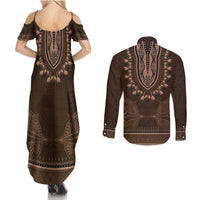 Brown African Dashiki With Tonga Ngatu Pattern Couples Matching Summer Maxi Dress and Long Sleeve Button Shirt LT14 - Polynesian Pride