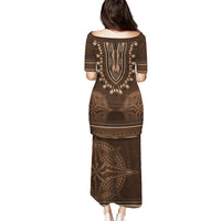 Brown African Dashiki With Tonga Ngatu Pattern Puletasi LT14 - Polynesian Pride