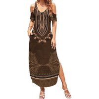 Brown African Dashiki With Tonga Ngatu Pattern Summer Maxi Dress LT14 Women Brown - Polynesian Pride