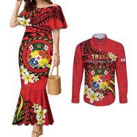 Personalised Tonga Emancipation Day Couples Matching Mermaid Dress and Long Sleeve Button Shirt Tongan Ngatu Pattern - Red Version LT14 Red - Polynesian Pride