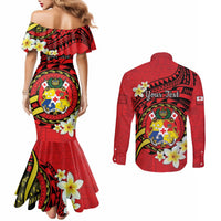 Personalised Tonga Emancipation Day Couples Matching Mermaid Dress and Long Sleeve Button Shirt Tongan Ngatu Pattern - Red Version LT14 - Polynesian Pride