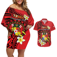 Personalised Tonga Emancipation Day Couples Matching Off Shoulder Short Dress and Hawaiian Shirt Tongan Ngatu Pattern - Red Version LT14 Red - Polynesian Pride