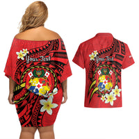Personalised Tonga Emancipation Day Couples Matching Off Shoulder Short Dress and Hawaiian Shirt Tongan Ngatu Pattern - Red Version LT14 - Polynesian Pride