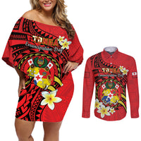 Personalised Tonga Emancipation Day Couples Matching Off Shoulder Short Dress and Long Sleeve Button Shirt Tongan Ngatu Pattern - Red Version LT14 Red - Polynesian Pride