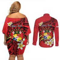 Personalised Tonga Emancipation Day Couples Matching Off Shoulder Short Dress and Long Sleeve Button Shirt Tongan Ngatu Pattern - Red Version LT14 - Polynesian Pride