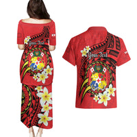 Personalised Tonga Emancipation Day Couples Matching Puletasi and Hawaiian Shirt Tongan Ngatu Pattern - Red Version LT14 - Polynesian Pride