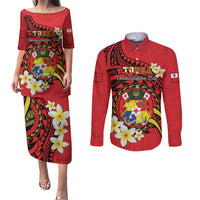 Personalised Tonga Emancipation Day Couples Matching Puletasi and Long Sleeve Button Shirt Tongan Ngatu Pattern - Red Version LT14 Red - Polynesian Pride