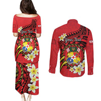 Personalised Tonga Emancipation Day Couples Matching Puletasi and Long Sleeve Button Shirt Tongan Ngatu Pattern - Red Version LT14 - Polynesian Pride