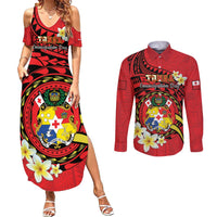 Personalised Tonga Emancipation Day Couples Matching Summer Maxi Dress and Long Sleeve Button Shirt Tongan Ngatu Pattern - Red Version LT14 Red - Polynesian Pride