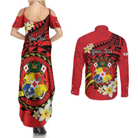 Personalised Tonga Emancipation Day Couples Matching Summer Maxi Dress and Long Sleeve Button Shirt Tongan Ngatu Pattern - Red Version LT14 - Polynesian Pride