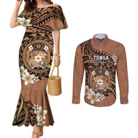 Personalised Tonga Emancipation Day Couples Matching Mermaid Dress and Long Sleeve Button Shirt Tongan Ngatu Pattern - Brown Version LT14 Brown - Polynesian Pride