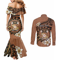 Personalised Tonga Emancipation Day Couples Matching Mermaid Dress and Long Sleeve Button Shirt Tongan Ngatu Pattern - Brown Version LT14 - Polynesian Pride