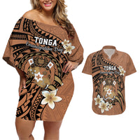 Personalised Tonga Emancipation Day Couples Matching Off Shoulder Short Dress and Hawaiian Shirt Tongan Ngatu Pattern - Brown Version LT14 Brown - Polynesian Pride