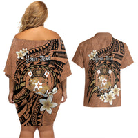 Personalised Tonga Emancipation Day Couples Matching Off Shoulder Short Dress and Hawaiian Shirt Tongan Ngatu Pattern - Brown Version LT14 - Polynesian Pride