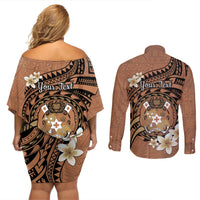 Personalised Tonga Emancipation Day Couples Matching Off Shoulder Short Dress and Long Sleeve Button Shirt Tongan Ngatu Pattern - Brown Version LT14 - Polynesian Pride