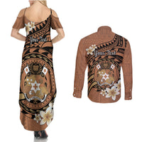 Personalised Tonga Emancipation Day Couples Matching Summer Maxi Dress and Long Sleeve Button Shirt Tongan Ngatu Pattern - Brown Version LT14 - Polynesian Pride