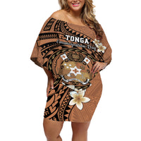 Personalised Tonga Emancipation Day Off Shoulder Short Dress Tongan Ngatu Pattern - Brown Version LT14 Women Brown - Polynesian Pride