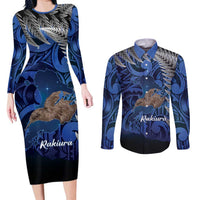New Zealand Stewart Island Couples Matching Long Sleeve Bodycon Dress and Long Sleeve Button Shirt Rakiura Kiwi Maori Glowing Sky