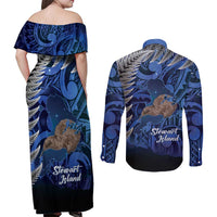 New Zealand Stewart Island Couples Matching Off Shoulder Maxi Dress and Long Sleeve Button Shirt Rakiura Kiwi Maori Glowing Sky