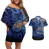 New Zealand Stewart Island Couples Matching Off Shoulder Short Dress and Hawaiian Shirt Rakiura Kiwi Maori Glowing Sky