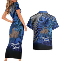 New Zealand Stewart Island Couples Matching Short Sleeve Bodycon Dress and Hawaiian Shirt Rakiura Kiwi Maori Glowing Sky