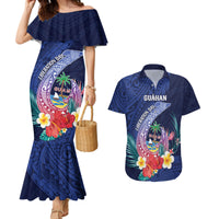 Personalised Guam Liberation Day Couples Matching Mermaid Dress and Hawaiian Shirt Happy 80th Anniversary Fish Hook Mix Tropical Flowers LT14 Blue - Polynesian Pride