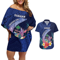 Personalised Guam Liberation Day Couples Matching Off Shoulder Short Dress and Hawaiian Shirt Happy 80th Anniversary Fish Hook Mix Tropical Flowers LT14 Blue - Polynesian Pride