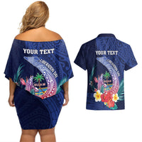 Personalised Guam Liberation Day Couples Matching Off Shoulder Short Dress and Hawaiian Shirt Happy 80th Anniversary Fish Hook Mix Tropical Flowers LT14 - Polynesian Pride