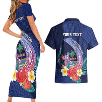 Personalised Guam Liberation Day Couples Matching Short Sleeve Bodycon Dress and Hawaiian Shirt Happy 80th Anniversary Fish Hook Mix Tropical Flowers