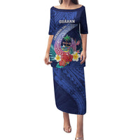 Personalised Guam Liberation Day Puletasi Happy 80th Anniversary Fish Hook Mix Tropical Flowers LT14 Long Dress Blue - Polynesian Pride