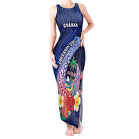Personalised Guam Liberation Day Tank Maxi Dress Happy 80th Anniversary Fish Hook Mix Tropical Flowers LT14 Women Blue - Polynesian Pride