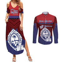 Guam Liberation Day Couples Matching Summer Maxi Dress and Long Sleeve Button Shirt Biba Guahan Chamorro 80th Anniversary - Blue LT14 Blue - Polynesian Pride