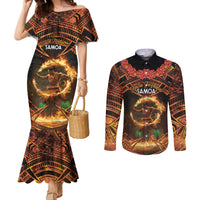 Samoa Teuila 2024 Festival Couples Matching Mermaid Dress and Long Sleeve Button Shirt Samoan Siva Afi With Red Gingers LT14 Black - Polynesian Pride