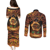 Samoa Teuila 2024 Festival Couples Matching Puletasi and Long Sleeve Button Shirt Samoan Siva Afi With Red Gingers LT14 - Polynesian Pride